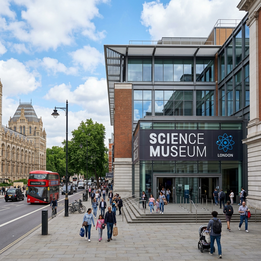 Entrance of the Science Museum London with people walking nearby and a red double-decker bus on the street
