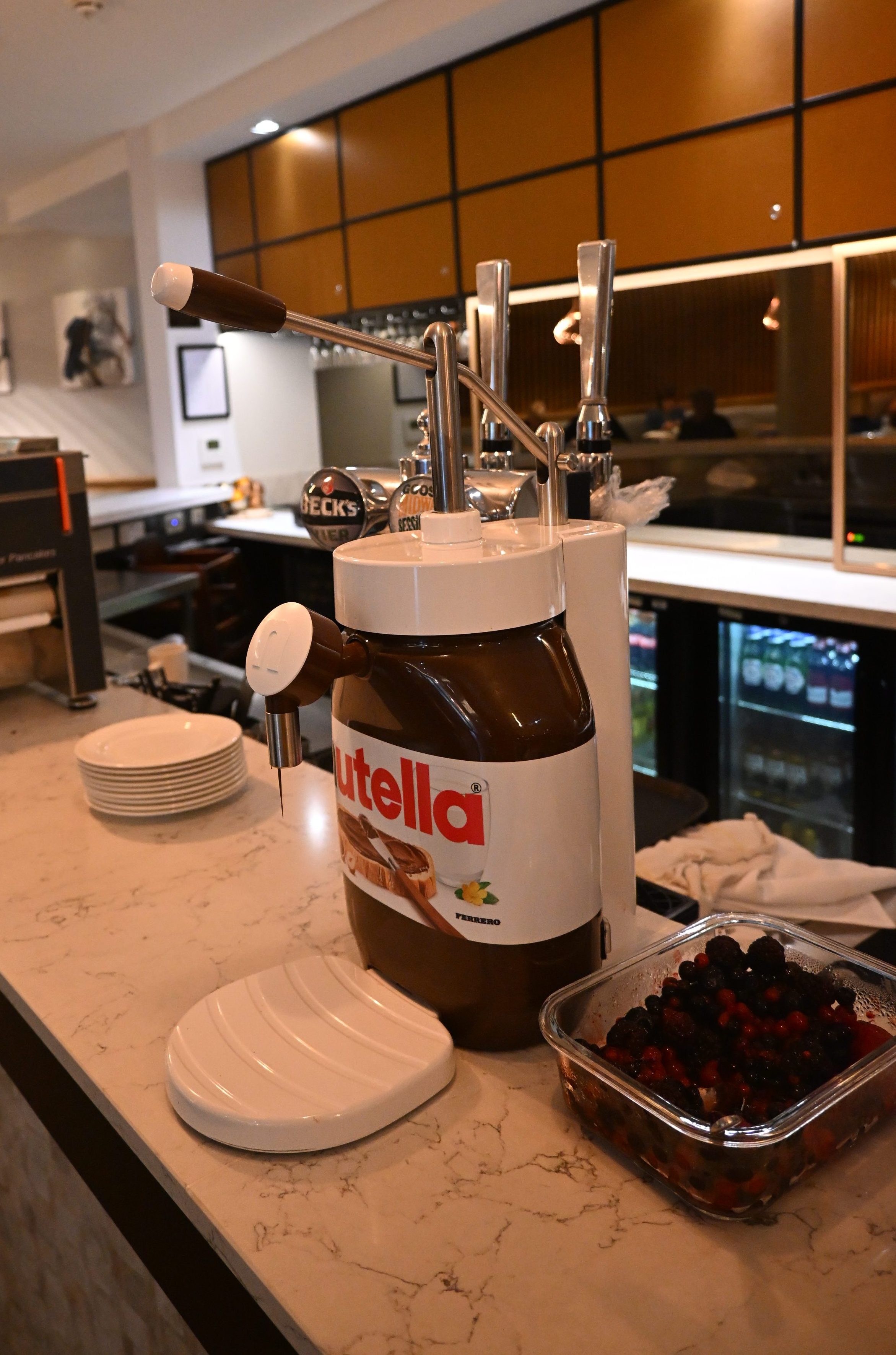 A countertop serving station featuring a Nutella dispenser and a container of mixed berries, with plates stacked in the background.